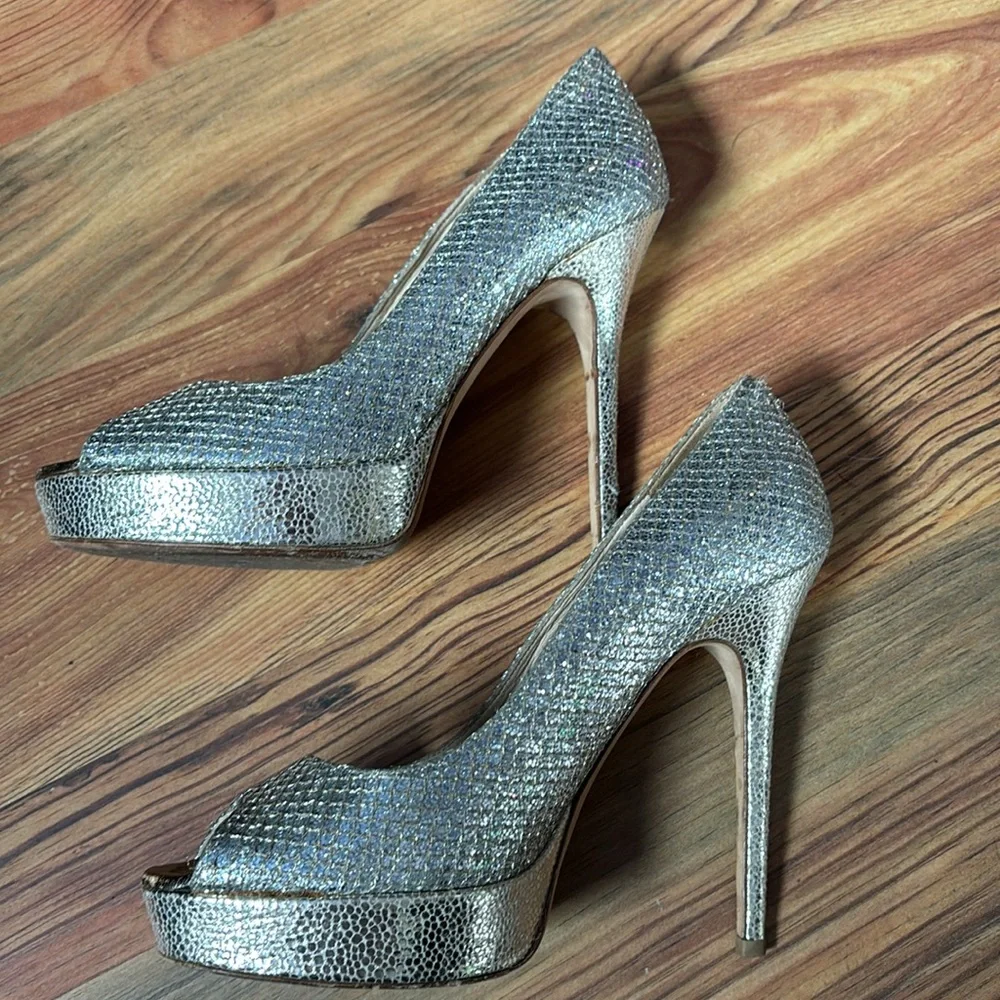 Jimmy Choo Peep Toe Luna Platform Pumps Heels Glitter Fabric Champagne 38/ 7.5 - Picture 11 of 14